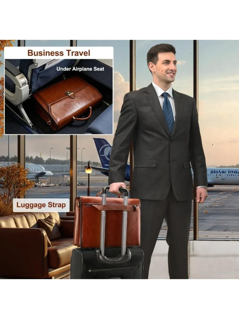 Stylish Leather Briefcase for Men, Lock Closure, Fits Laptop & Essentials